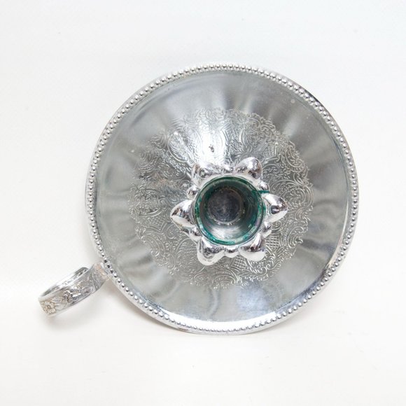 Vintage Silver Plated Chamberstick Embossed Floral Circular Drip Pan Beaded Edge - Picture 8 of 9